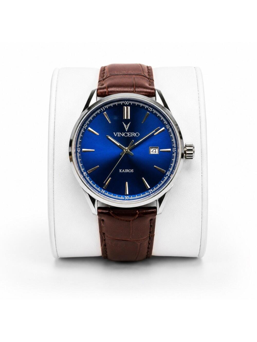 Vincero Kairos Blue Dial Men Automatic Watch Silver Case/Brown Italian Leather